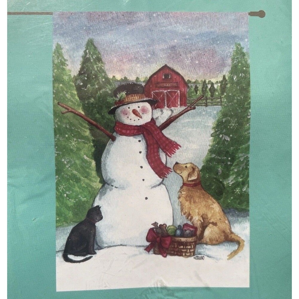 Rain or Shine Outdoor Art Large Porch Flag 28"x40" Snow Man Winter Scene Dog Cat